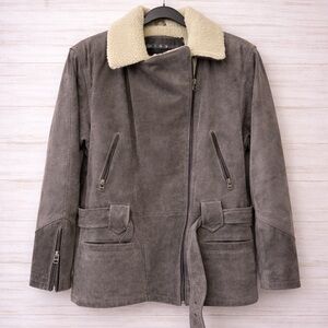 Vintage Winlit New York Genuine Leather Belted Jacket Shearling Collar Brown